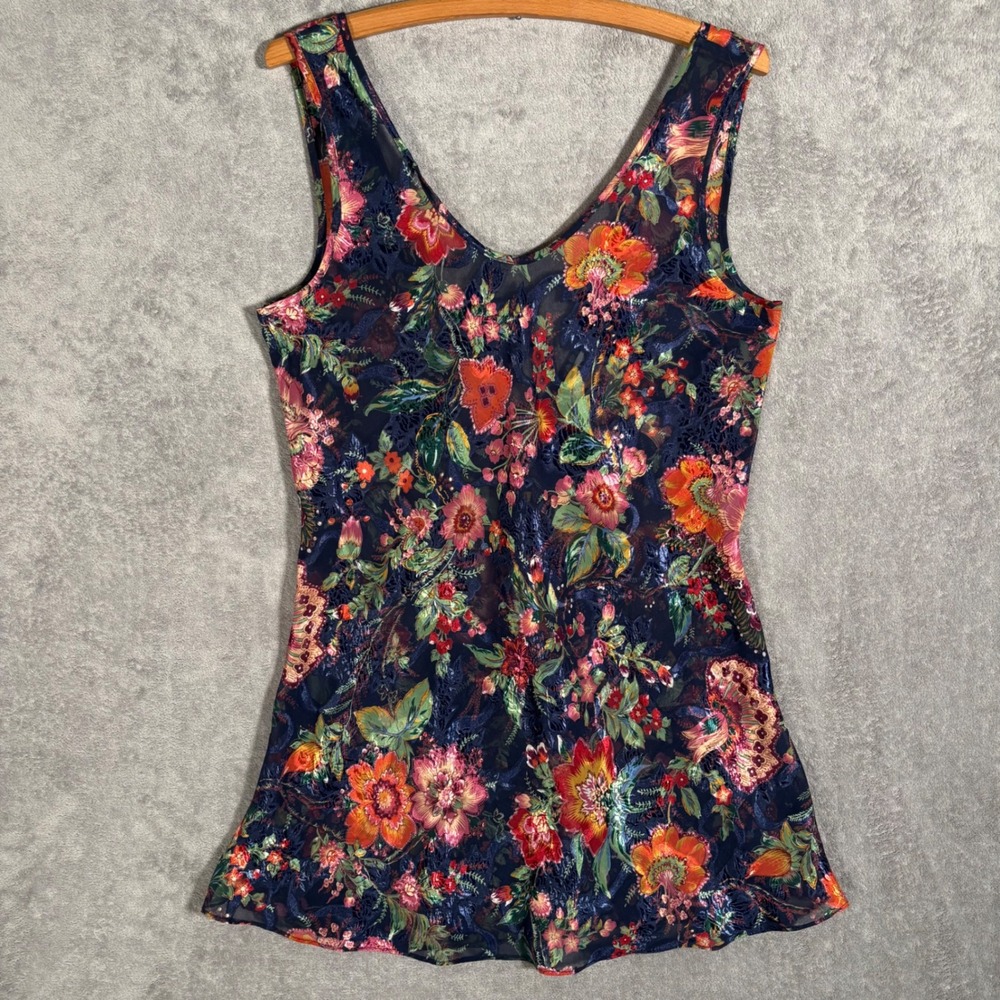 Lifescapes Womens Fits S Navy Blue Floral Burnout Satin Sleeveless V-Neck Slip‎